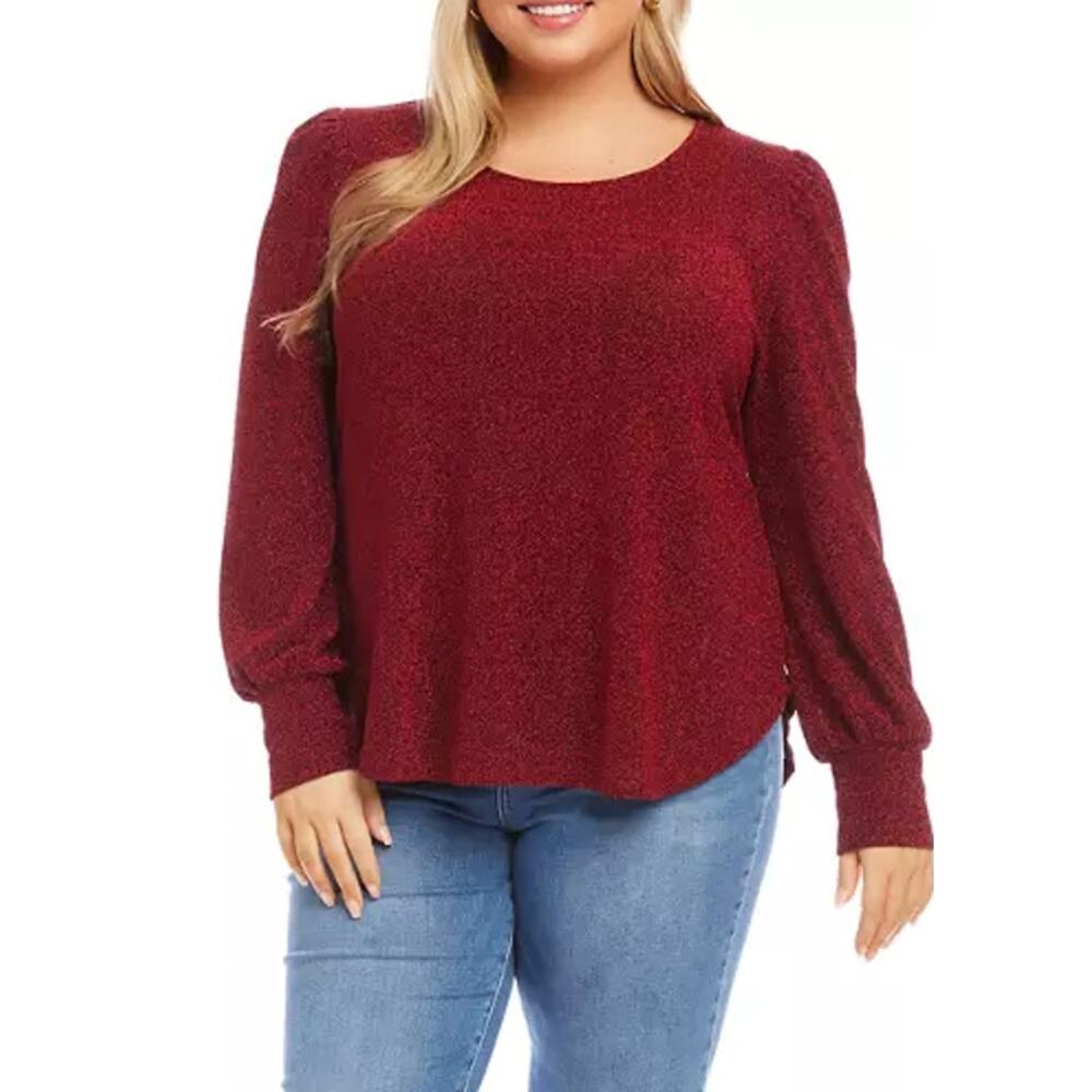 Karen Kane Puff Sleeve Red Metallic Long Sleeve Shirt Plus Size 2X Long Sleeve
